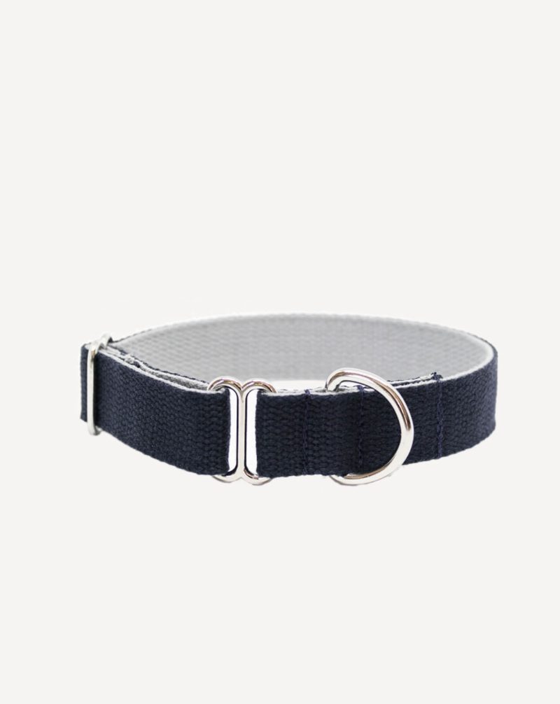 Schlupf-Hundehalsband aus 2,5 cm breiten Baumwollband von Vackertass. Es ist innen hellgrau, außen dunkelblau.