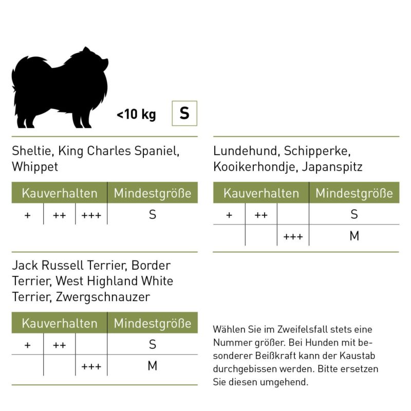 Grössentabelle Kaustab für Hunde aus Olivenholz