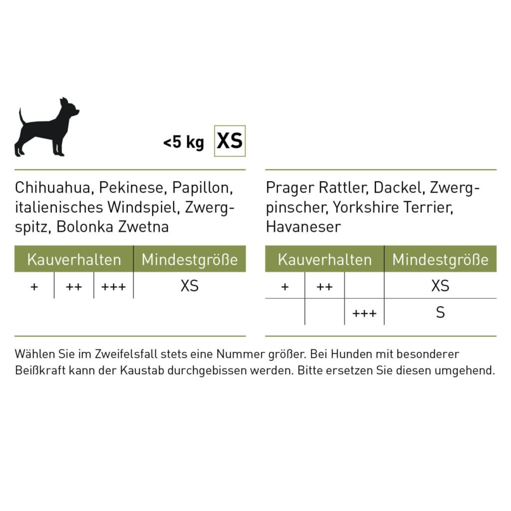 Grössentabelle Kaustab für Hunde aus Olivenholz