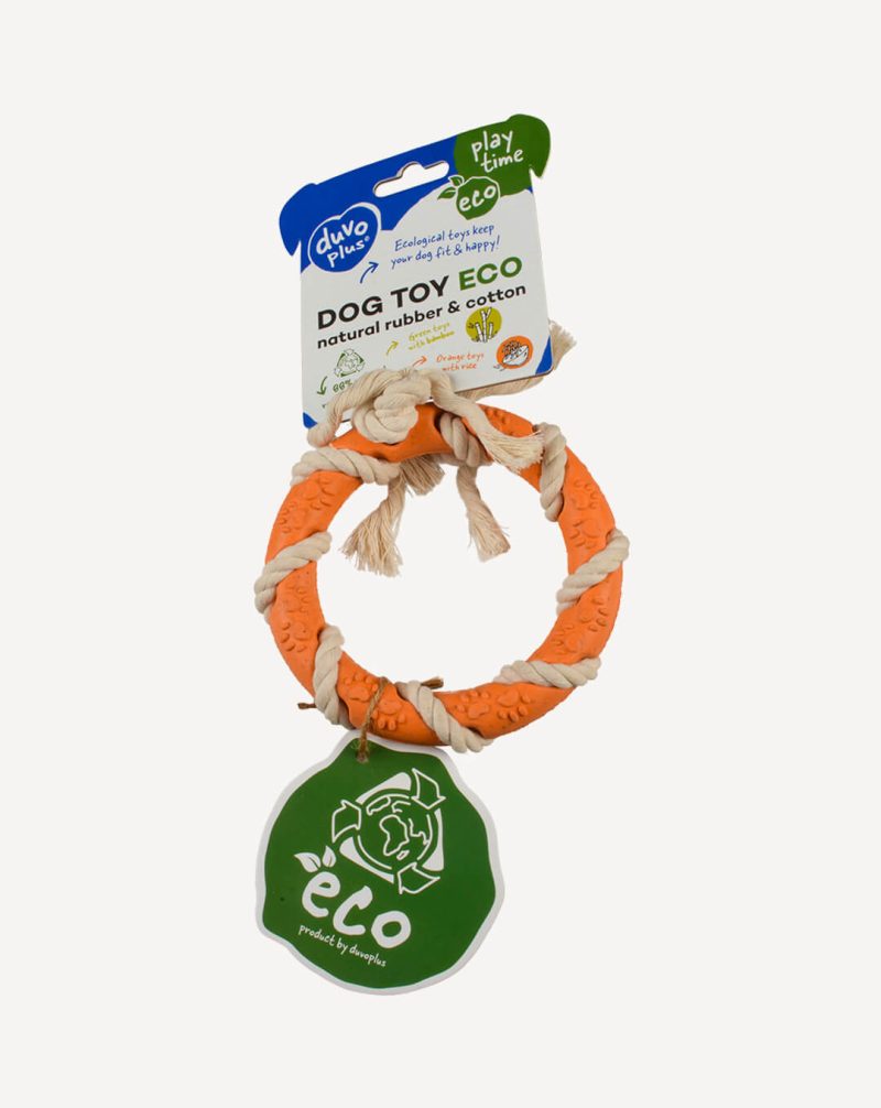 ein Kautschuk Eco-Kauring für Hunde mit Seil